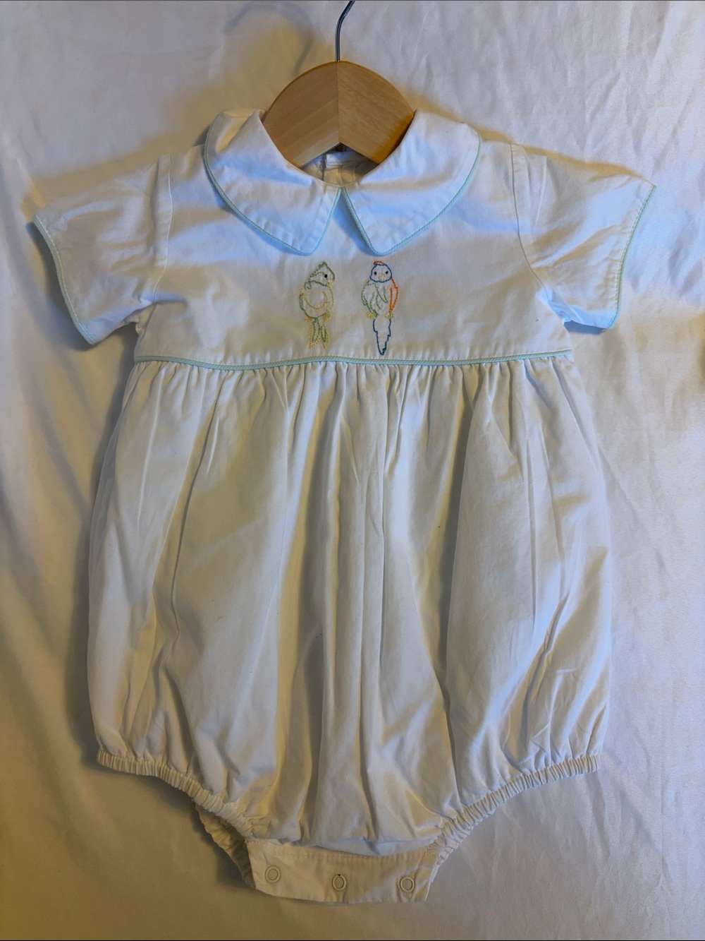 Classic White Baby One-Piece Romper with Embroidered Parrots